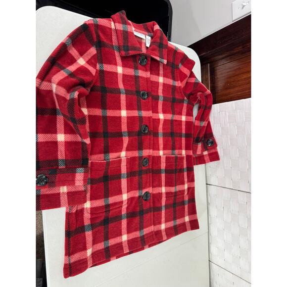 "BROWNSTONE STUDIO" Button Up Fuzzy Fleece Blazer Cardigan Jacket Red Plaid SZ L - Picture 4 of 8